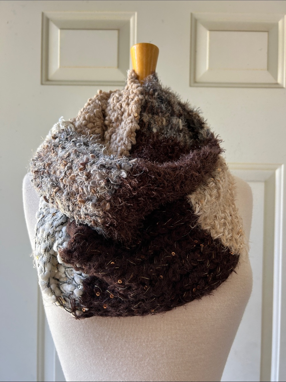 Chunky Knit Infinity Scarf in Brown, Cream, and Gray